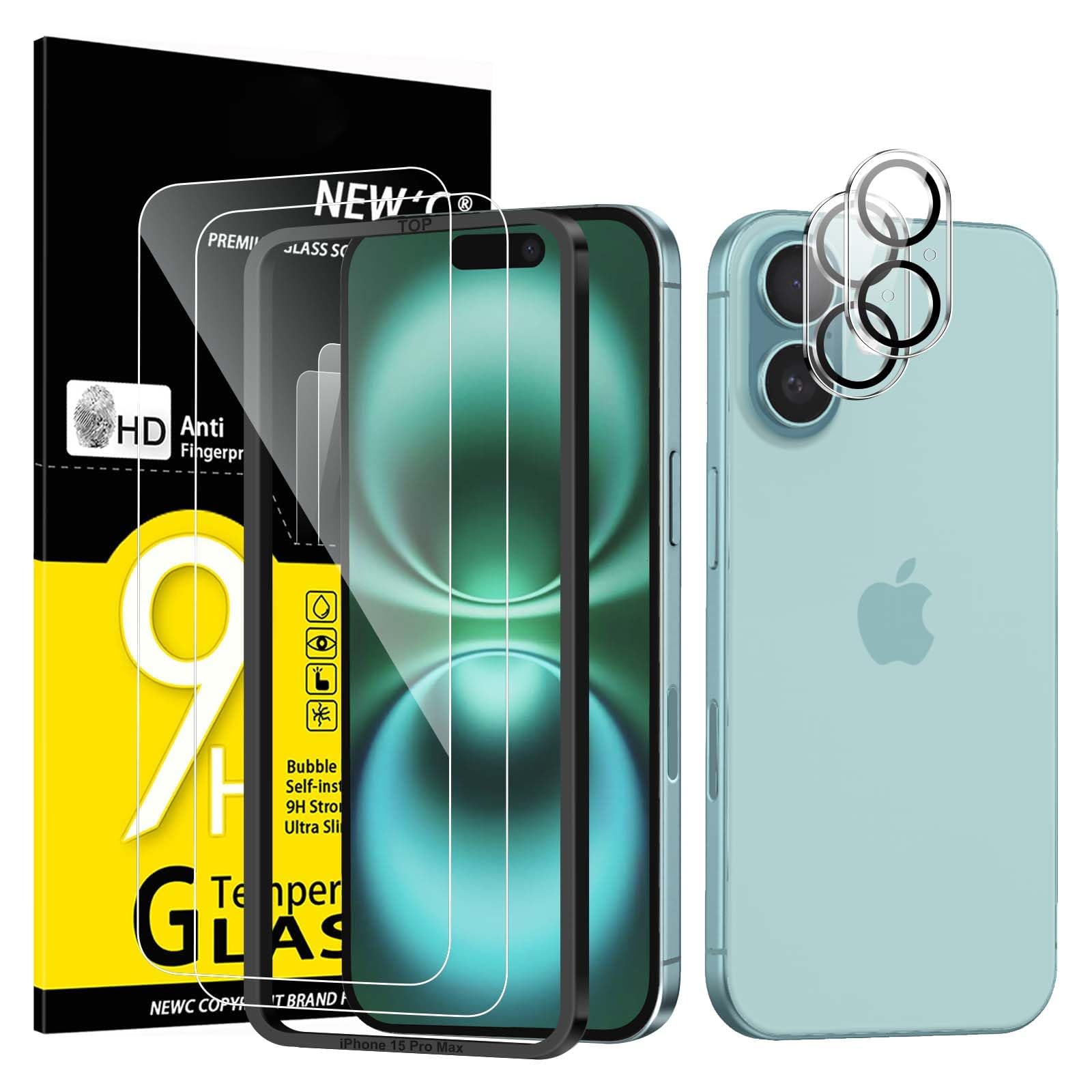 NEW'C Pack of 4, 2 x Tempered Glass Screen Protector for iPhone 16 (6,1 inch), 2