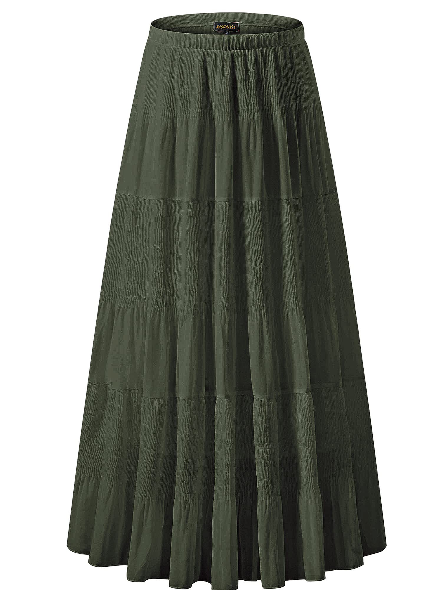 NASHALYLY Women's Chiffon Elastic High Waist Pleated A-Line Maxi Skirts