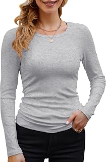 GEMBERA Women Long Sleeve Ribbed Crew Neck Casual Slim Fitted Knitted Shirt