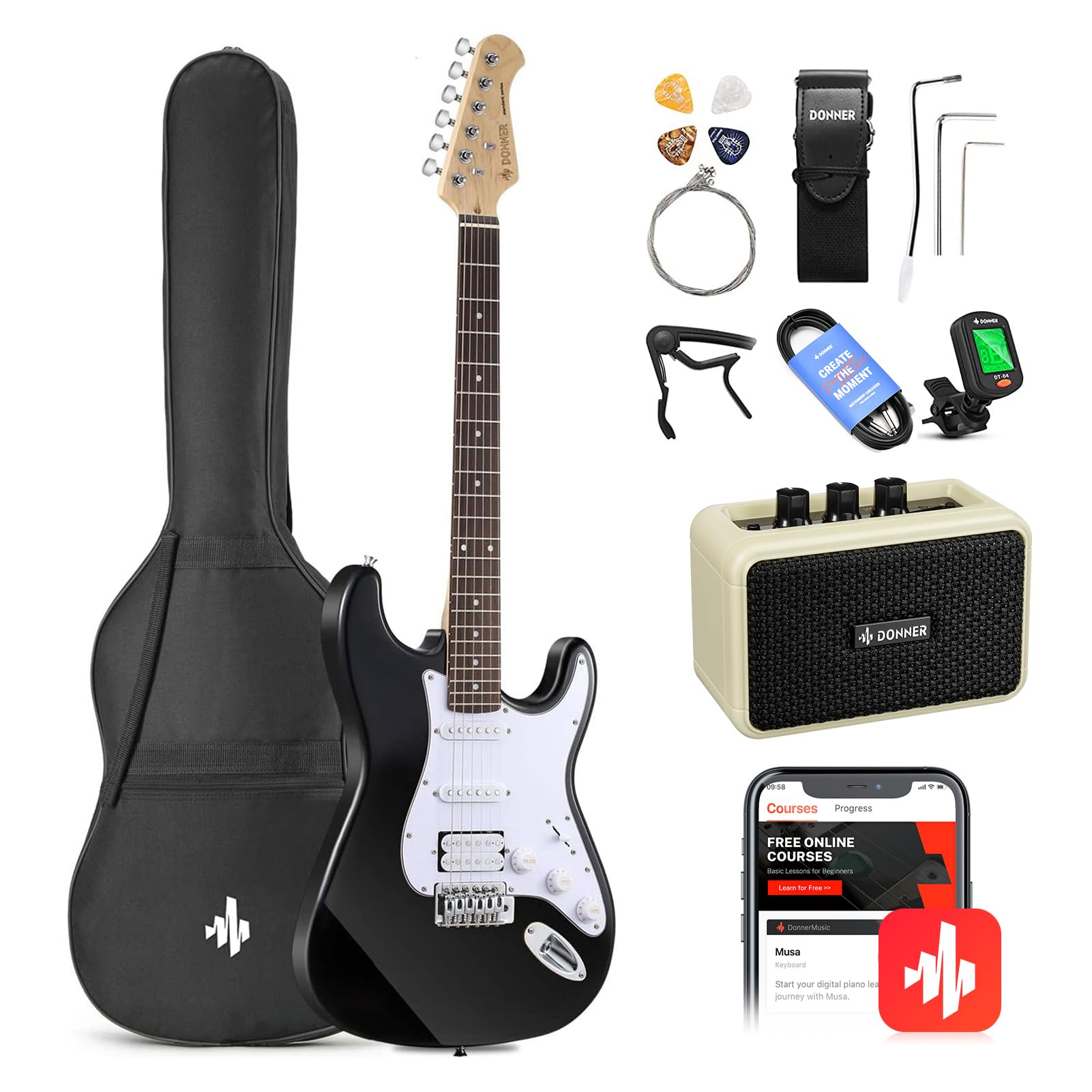 Donner DST-100B 39 Inch Electric Guitar Beginner Kit | Solid Body Full Size Blac