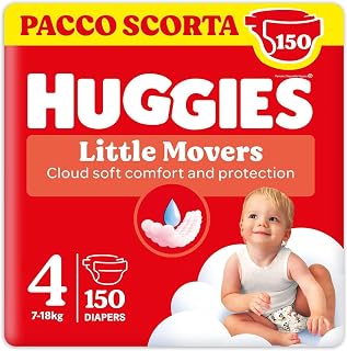 Huggies Little Movers 150 Nappies Size 4 (7-18 kg), Pack of 1 | Diapers Size 4, Double Side Bands, For Extra Protection, Dermatologically Tested