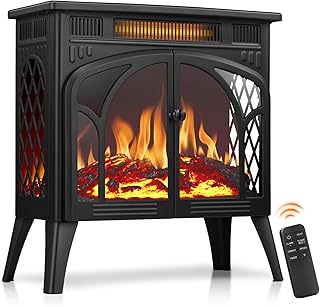 R.W.FLAME Electric Fireplace Heater 25" with Remote Control, Cathedral Stylish, Different Flame Effects and Log Set Colors, Adjustable Brightness and Heating Mode, Overheating Safe Design,Black