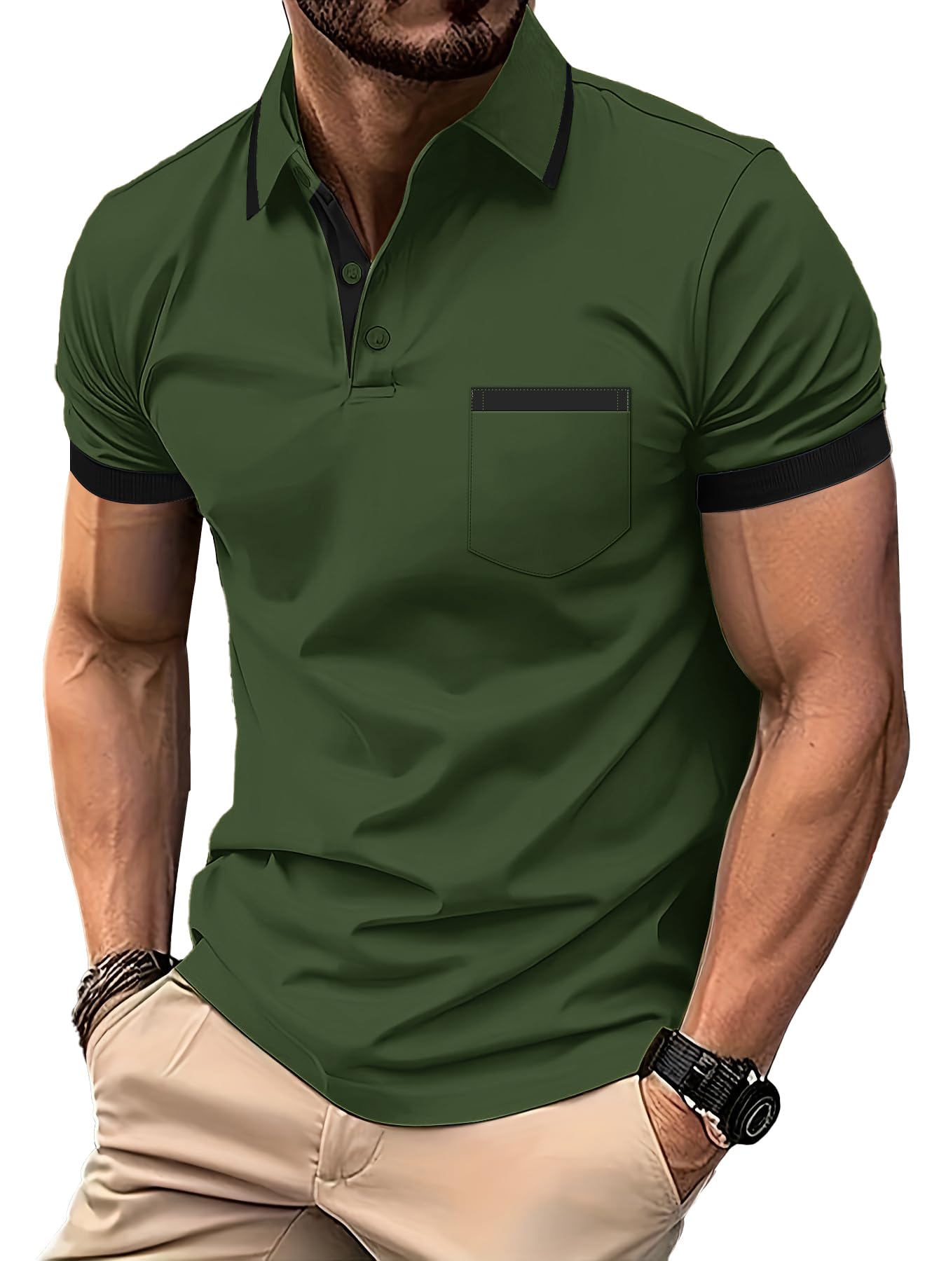 zitysport Men's Polo Shirt Sleeve with Chest Pocket Golf Polo Breathable Quick D