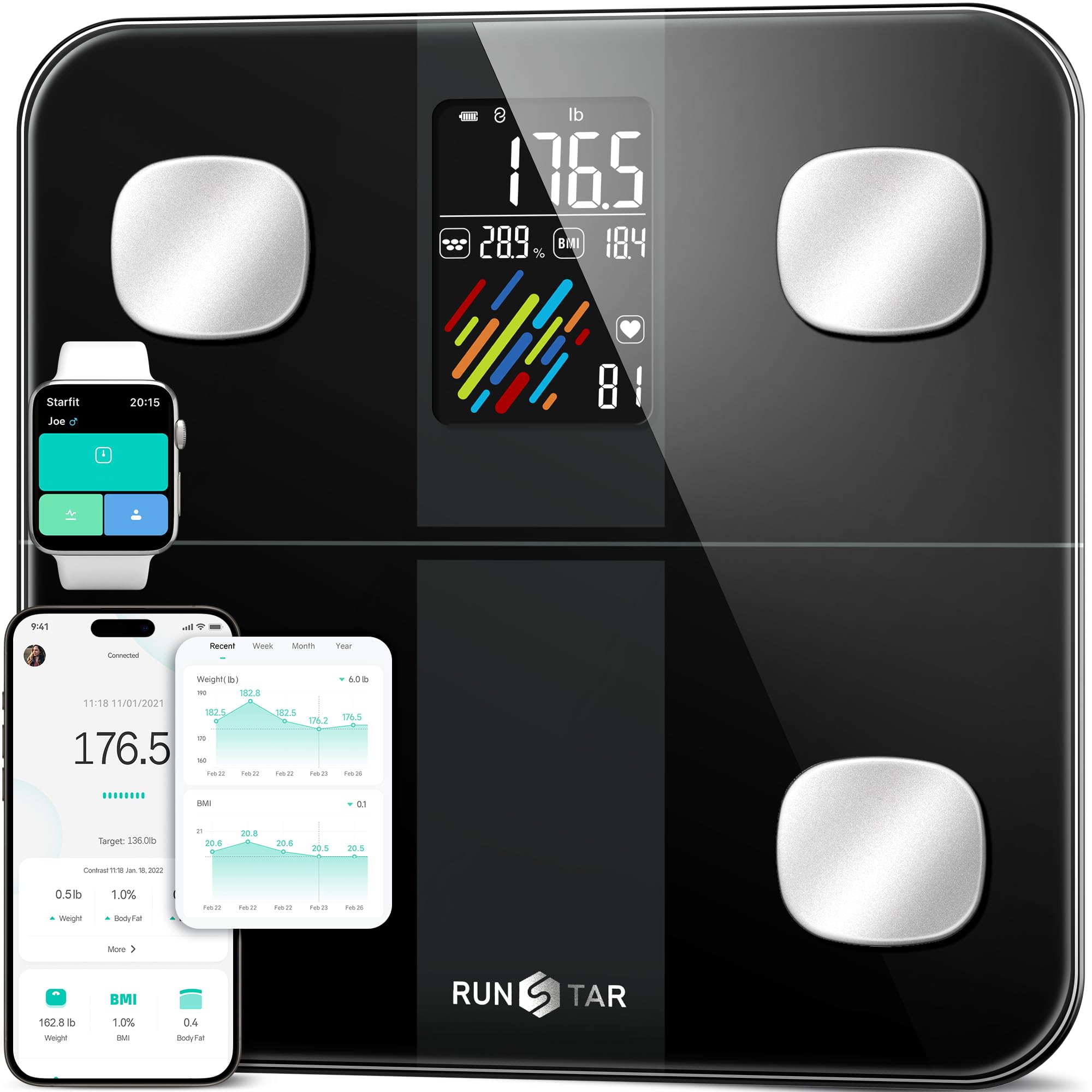 Runstar Digital Body Scales with 15+ Body Values 180kg/400lb Black