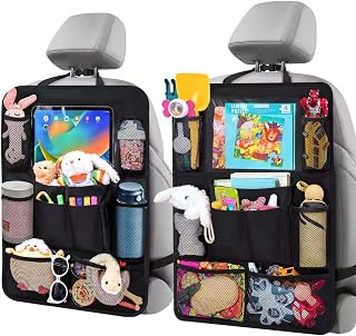 Backseat Car Organizer w/ 10 Storage Pockets 11" Tablet Holder, 2 PCS Black | Car Organizers and Storage Kick Mats Back Seat Protector w/ Touch Screen Tablet Holder for Kids Toddlers, Travel Accessories