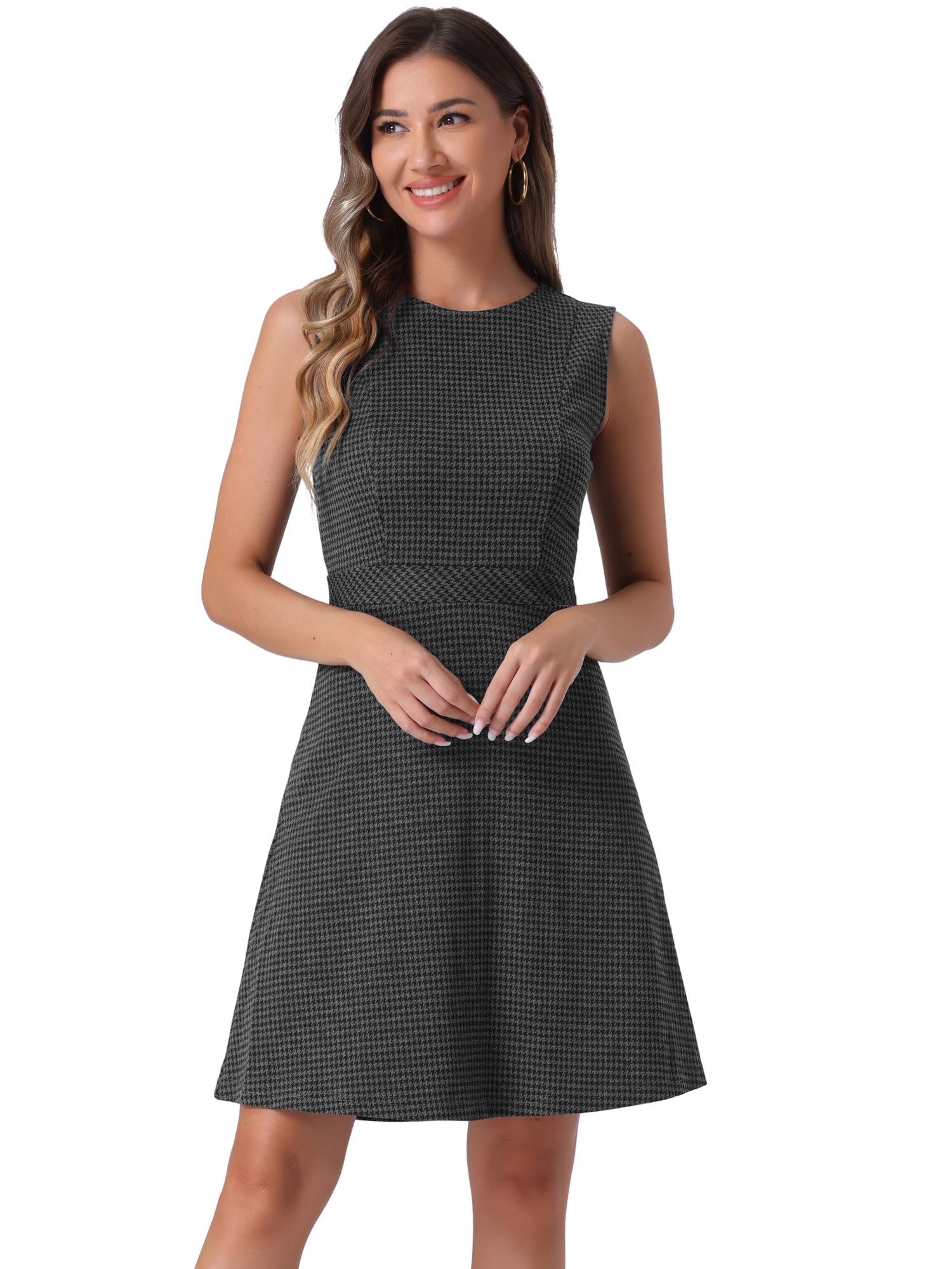 Allegra K Women's Sleeveless A Line Vintage Plaid Houndstooth Work Dresses