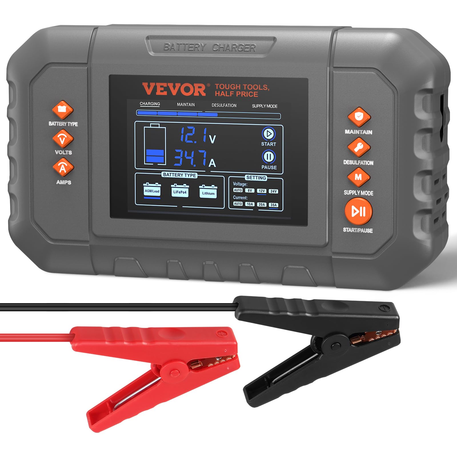 VEVOR Smart Battery Charger, 35-Amp, Lithium LiFePO4 Lead-Acid (AGM/Gel/SLA) Car