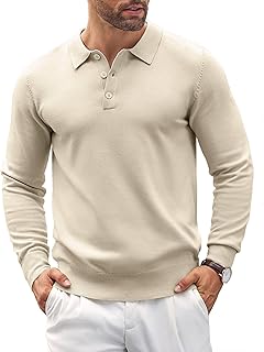 Coofandy Polo de Punto para Hombre, Estilo Casual, Manga Larga, clásica, con Botones, para Golf, Crema, Medium