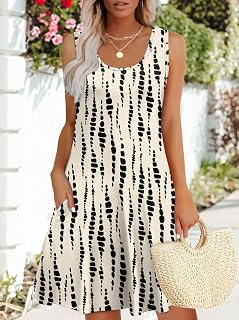 Women's Summer Dress U-Neck Sleeveless Dress with Pockets
