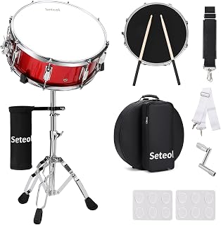 Seteol Snare Drum Set, 14" x 5.5" Marching Snare Drum with Stand & Bag | Silent Mute Pad + Drums Sticks + Drumstick Holder + Drums Key + Damper Gels for Adults (Red)