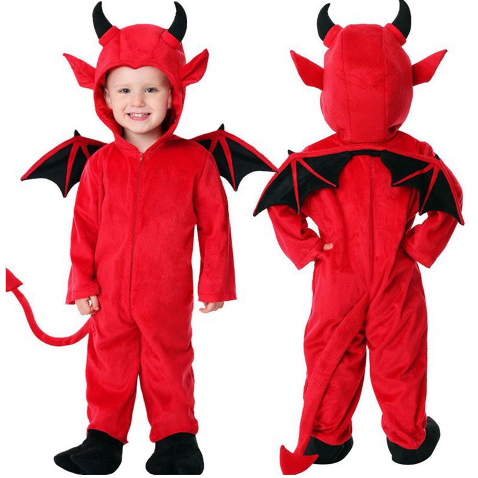 Toddler Halloween Devil Jumpsuits Flannel Front Zipper Hooded Devil Onesie Costu