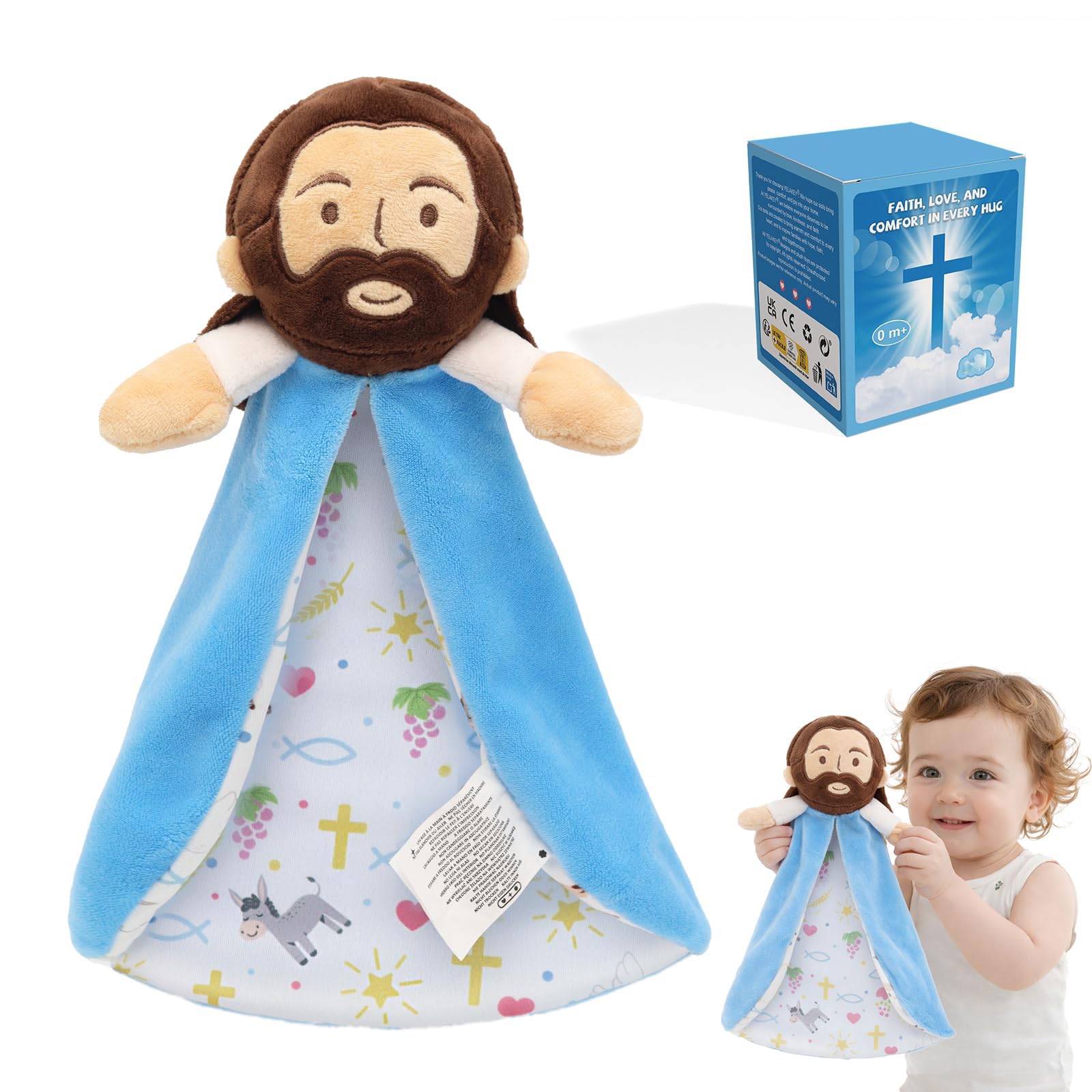 Yelakey Security Blanket, Baby Lovey with Soft Minky Velour, Baptism for Boys an