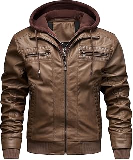 INVACHI Men's Faux Leather Jacket, Motorcycle Bomber with Removable Hood