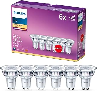 Philips Classic LED PAR16 GU10 2700K 355lm 4.6W/50W White Pack of 6 | Non-Dimmable Warm White Light, Clear Glass, 36° Accent Lighting in Recessed or Rail Lamps or Spotlights