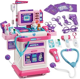 Lehoo Castle Doctor Kit Kids, Medical Play Cart Toy for Girl Aged 3-5(Pink) | Kids Doctor Playset with Cart & Costume, Toddler Pretend Play Medical Set, Montessori Toy, Birthday Gifts for Girls 3 4 5