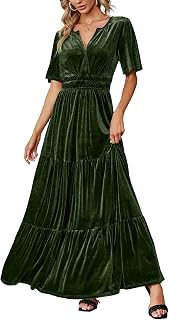 Amegoya Women's Short Sleeve V Neck Formal Wedding Guest Maxi Dresses Spring Fall Evening Party Long Dresses