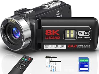 8K Video Camera 64MP Camcorder IR Night Vision 18X Zoom WiFi Vlog Camera | Support External Mic and Webcam Touch Screen Camcorder for YouTube with 32GB SD Card, Remote Control, and Two Batteries
