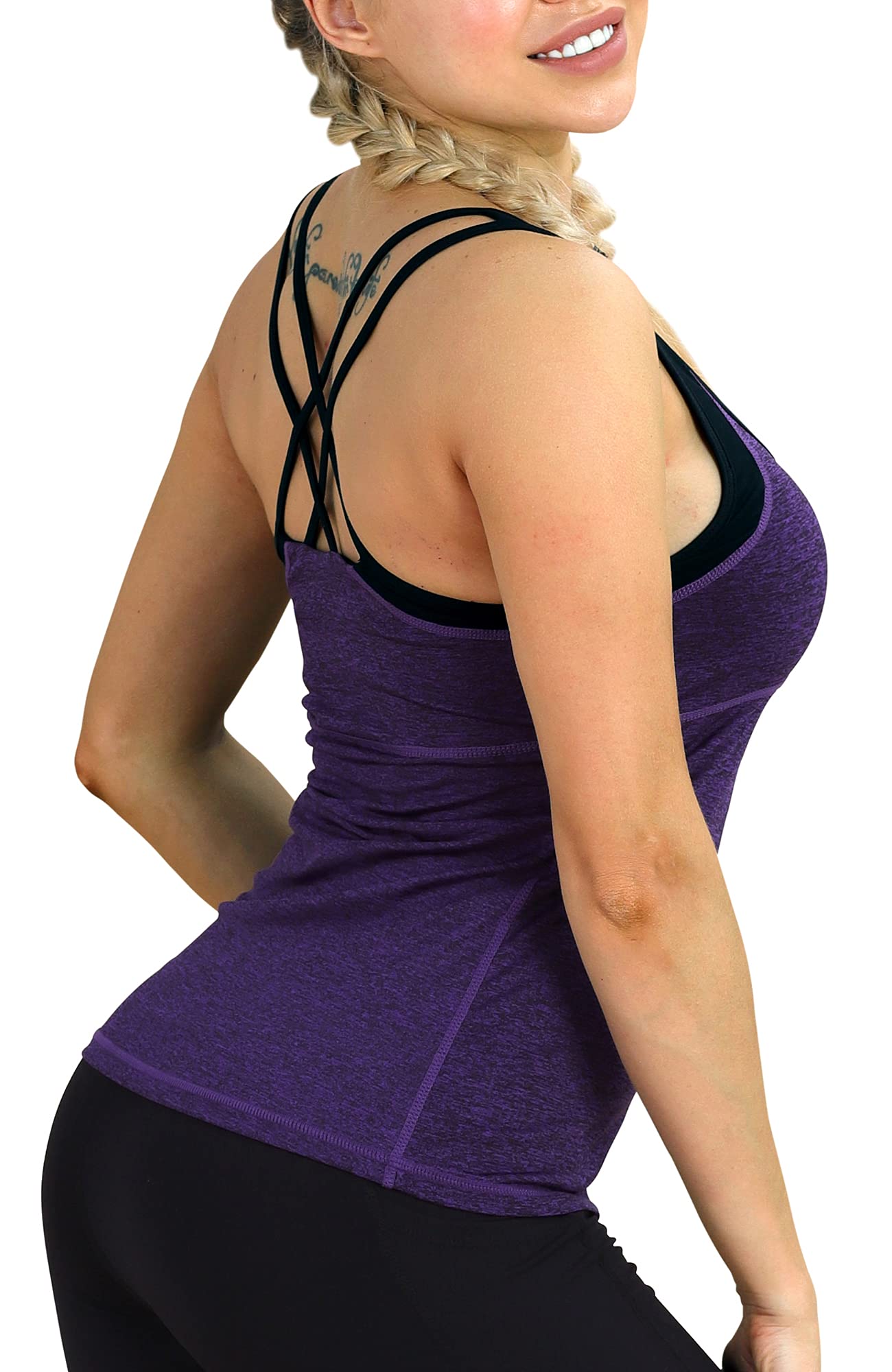 icyzone Women's Workout Yoga Tank Top with Built in Bra, Strappy Back Sports Fit