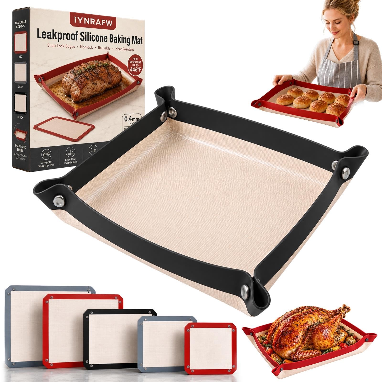 Leakproof Silicone Baking Mat with Snap Lock Edges Nonstick Oven Liners | Reusab