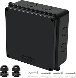 Scatola di giunzione, IP65, impermeabile, antipolvere, scatola elettrica ABS Project Case con 2 pressacavi M24 - Recinzione esterna per elettronica nera, 15 x 15 x 7,1 cm