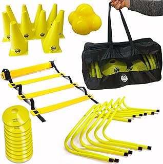 Football Master Foot ball Fitness Speed Training Hurdle Equipment Exercise Aid Set 6 X Speed Hurdles 1 x 6 metre Agility ladder with 12 Rungs 10 X Traffic Cones,10 marker cones Reaction Ball Carry bag