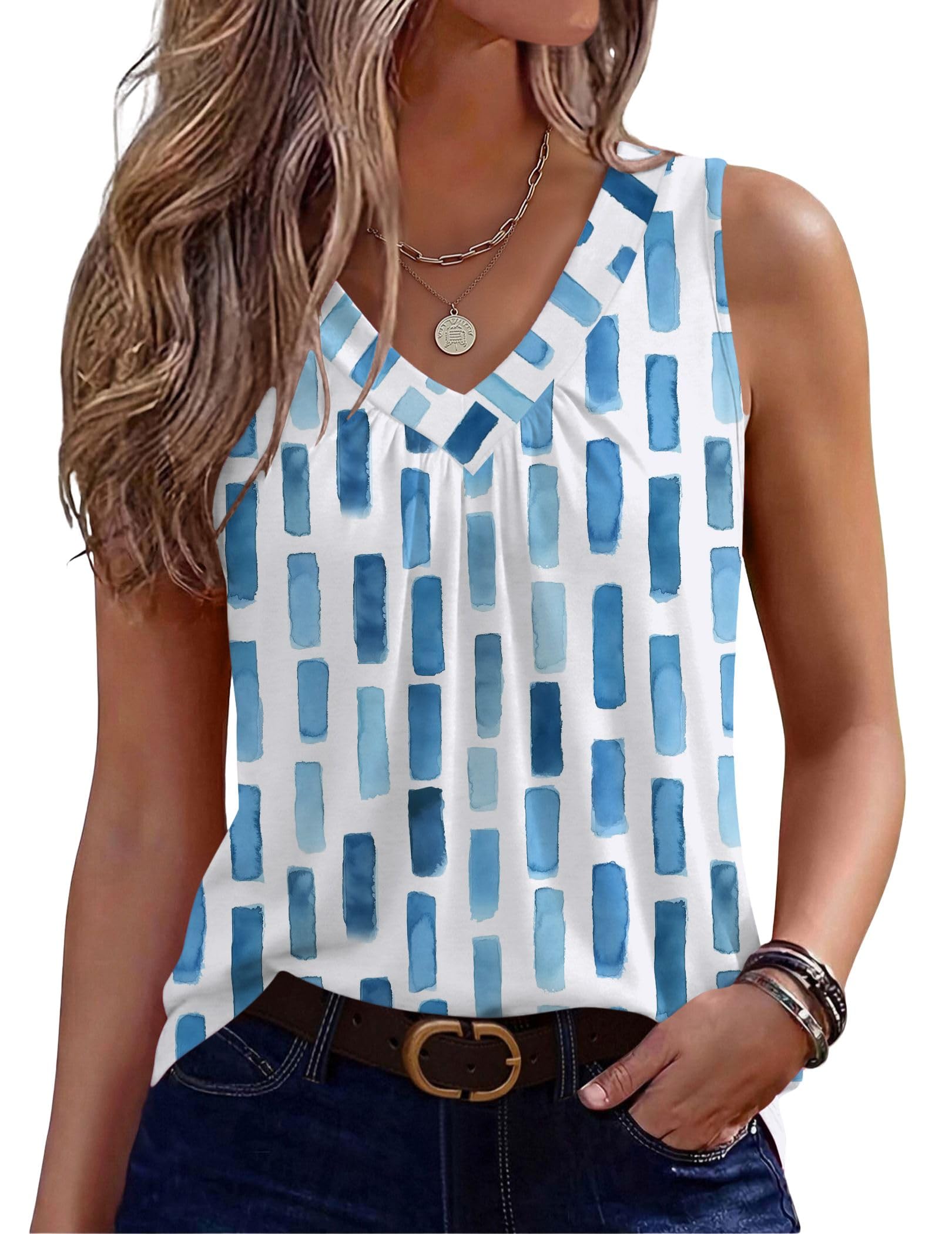 Zeagoo Women's Summer Tank Top Sleeveless Loose Fit V-Neck Pleated Basic Elegant