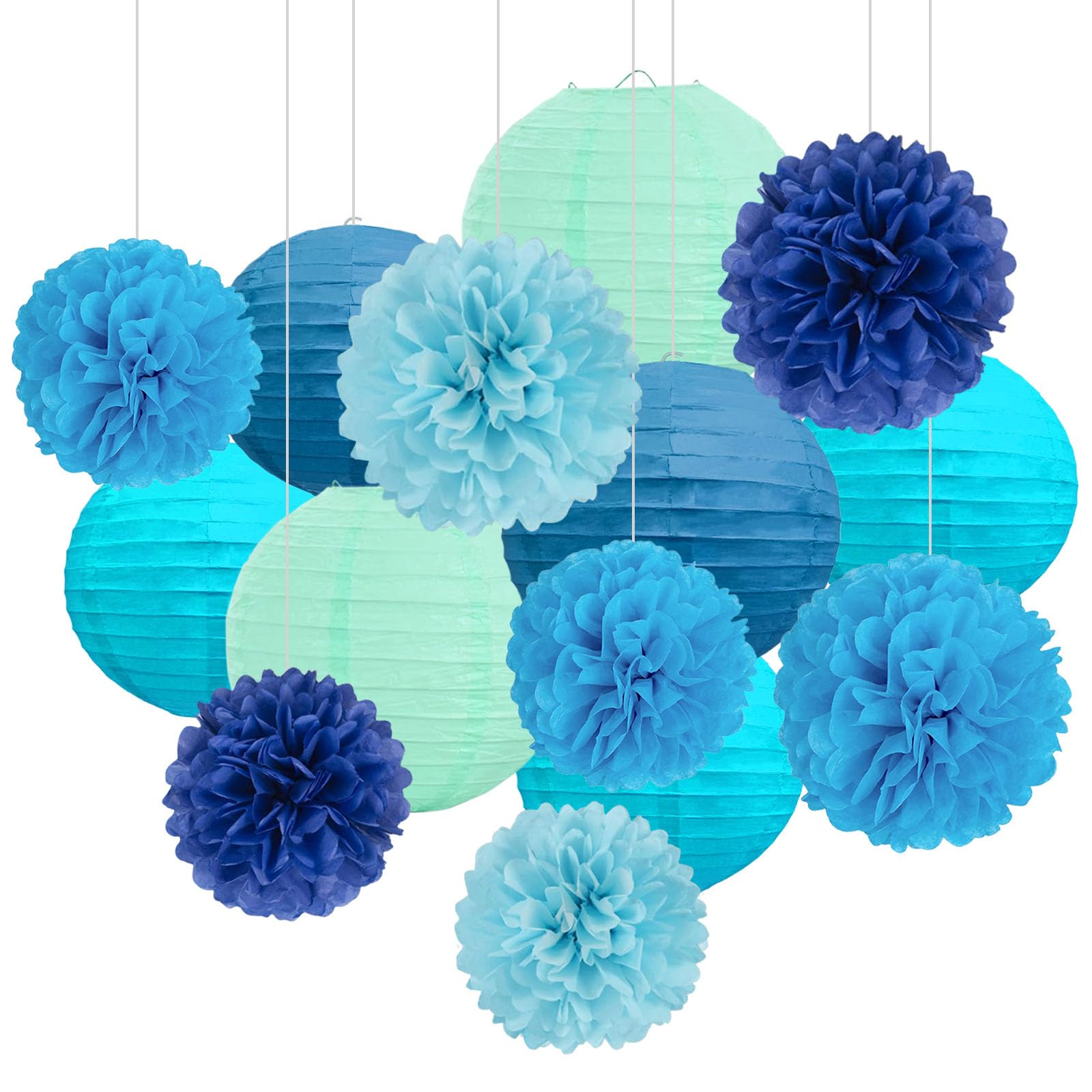 18 PCS Blue Paper Lanterns & Tissue Paper Pom Poms for Boys Birthday, Baby Showe