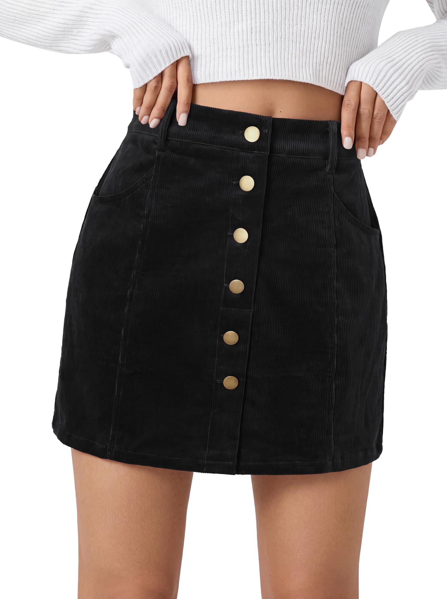 Belle Poque Womens Corduroy Short Mini Skirt Button A-Line Casual Stretchy High 