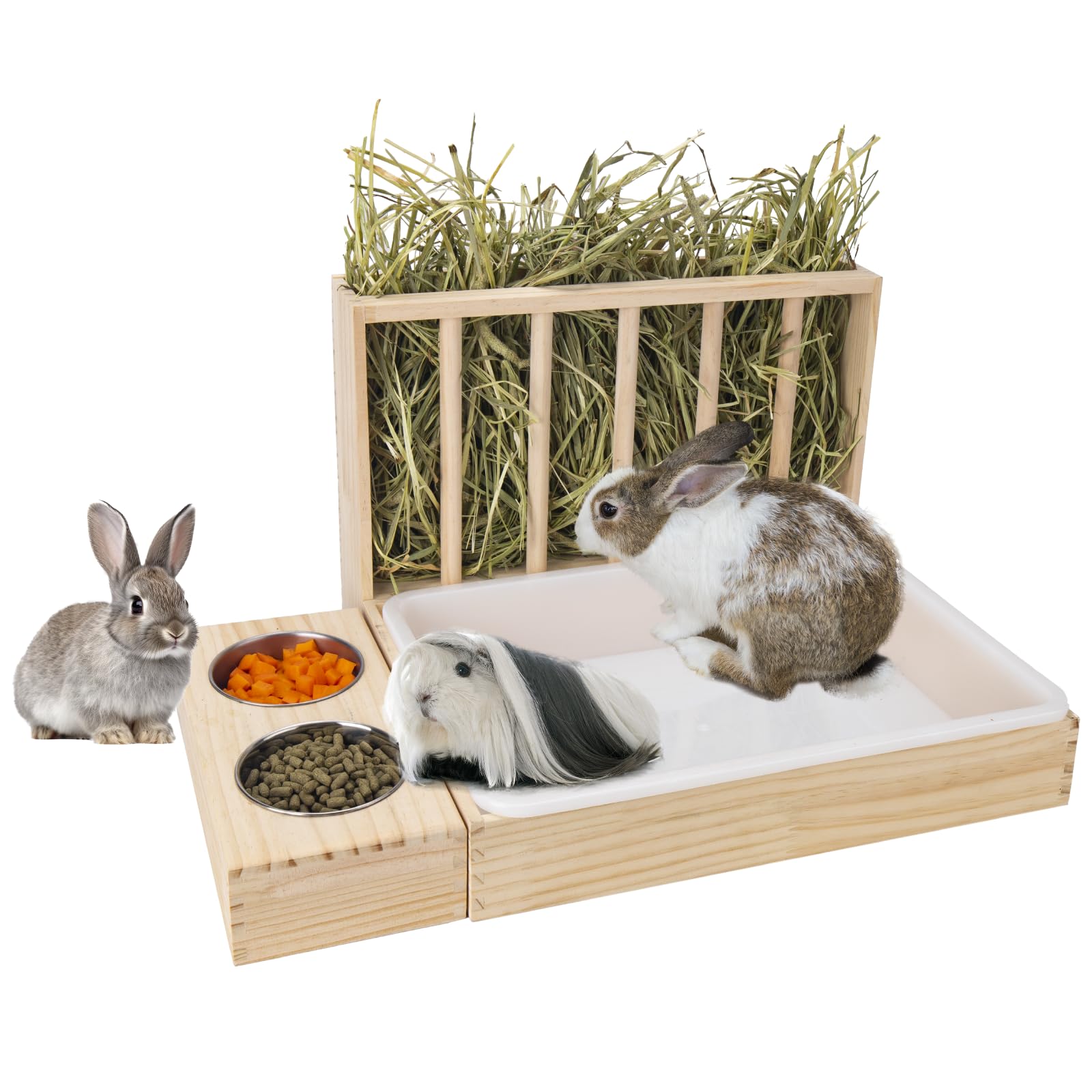 BESNEW 3 in 1 Rabbit Hay Feeder with Litter Box,Wooden Hay Feeder with 2 Bowls &