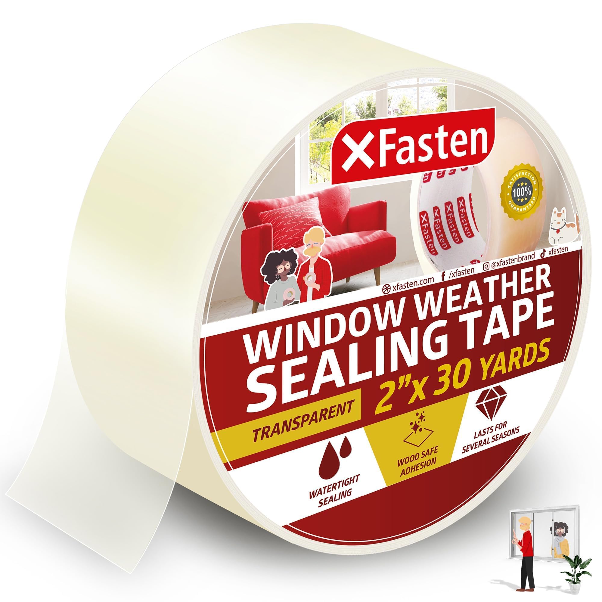 XFasten Transparent Window Weather Sealing Tape, 2-Inch x 30 Yards (50.8mm x 27.