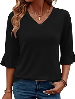 LOMON 3/4 Length Sleeve Womens Tops 2026 Spring V-Neck Ruffle Blouses Dressy Casual Shirts Beach Vacation Tunic