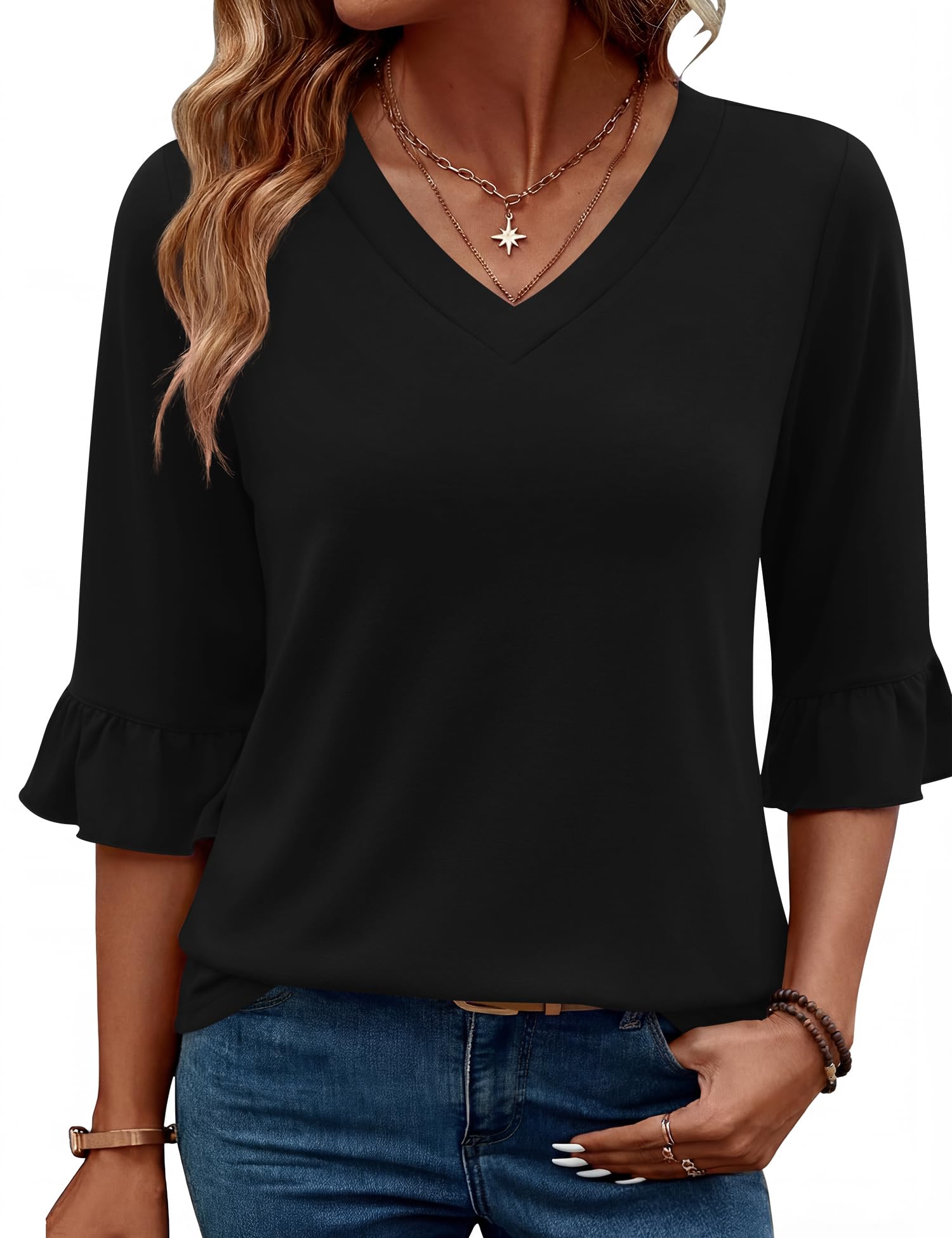 LOMON 3/4 Length Sleeve Womens Tops 2026 Spring V-Neck Ruffle Blouses Dressy Cas