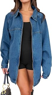 Tankaneo Women Oversized Denim Jackets Casual Zipper Long Sleeve Pocket Jeans Jackets