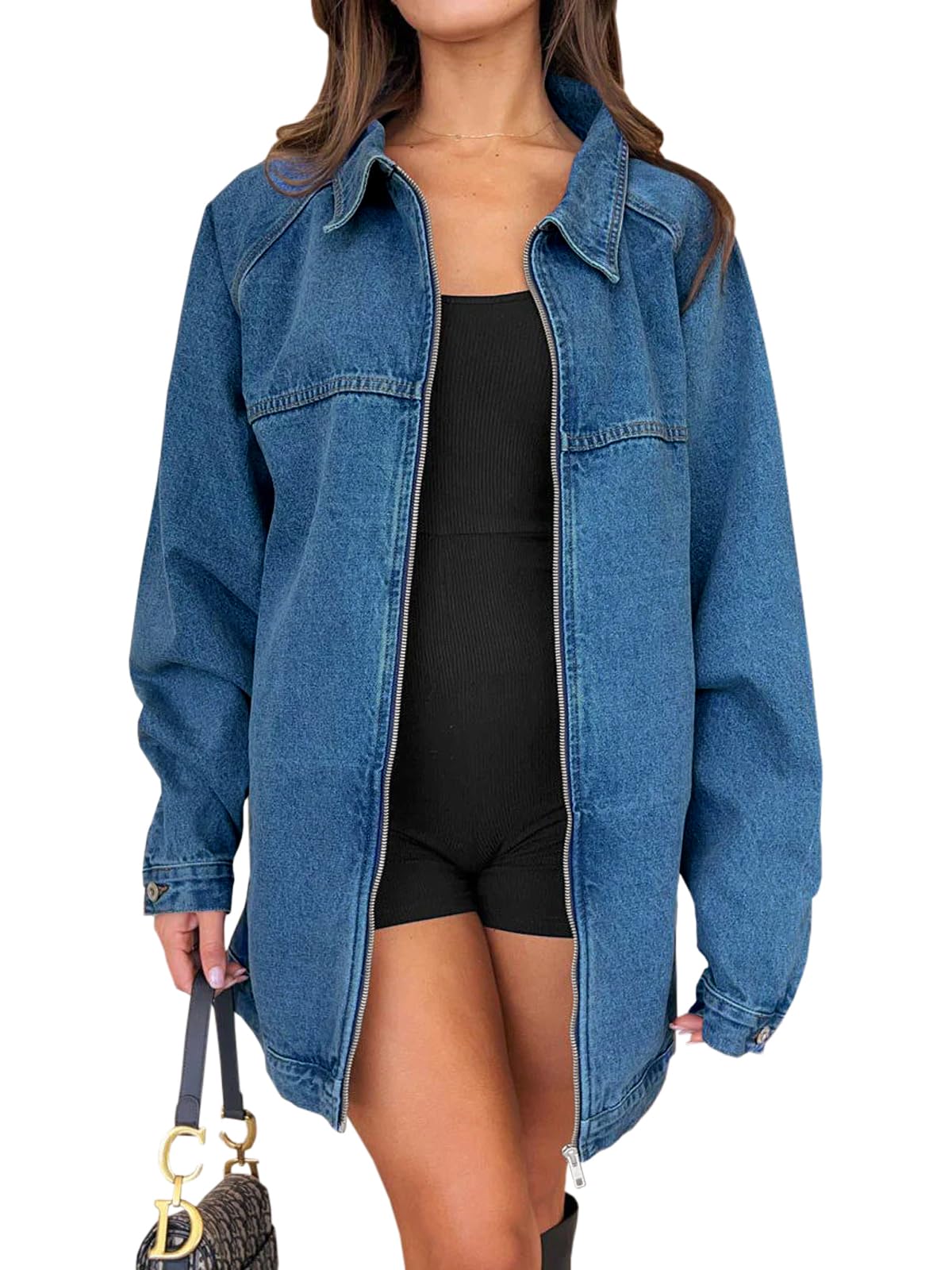 Tankaneo Women Oversized Denim Jackets Casual Zipper Long Sleeve Pocket Jeans Ja