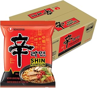 Nongshim Shin Ramyun Noodles, Spicy Korean Signature Instant Ramyun, Rich Beef Flavored Broth, Microwaveable, Korean Instant Noodles, 4.23 oz (Pack of 20), Packaging May Vary.