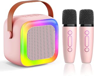 Mini Karaoke Machine for Kids with 2 Wireless Microphones Portable Bluetooth Speaker, LED Disco Lights & Voice Changer, Great Birthday Gift for Girls Ages 3-12, Perfect for Family Parties and Home
