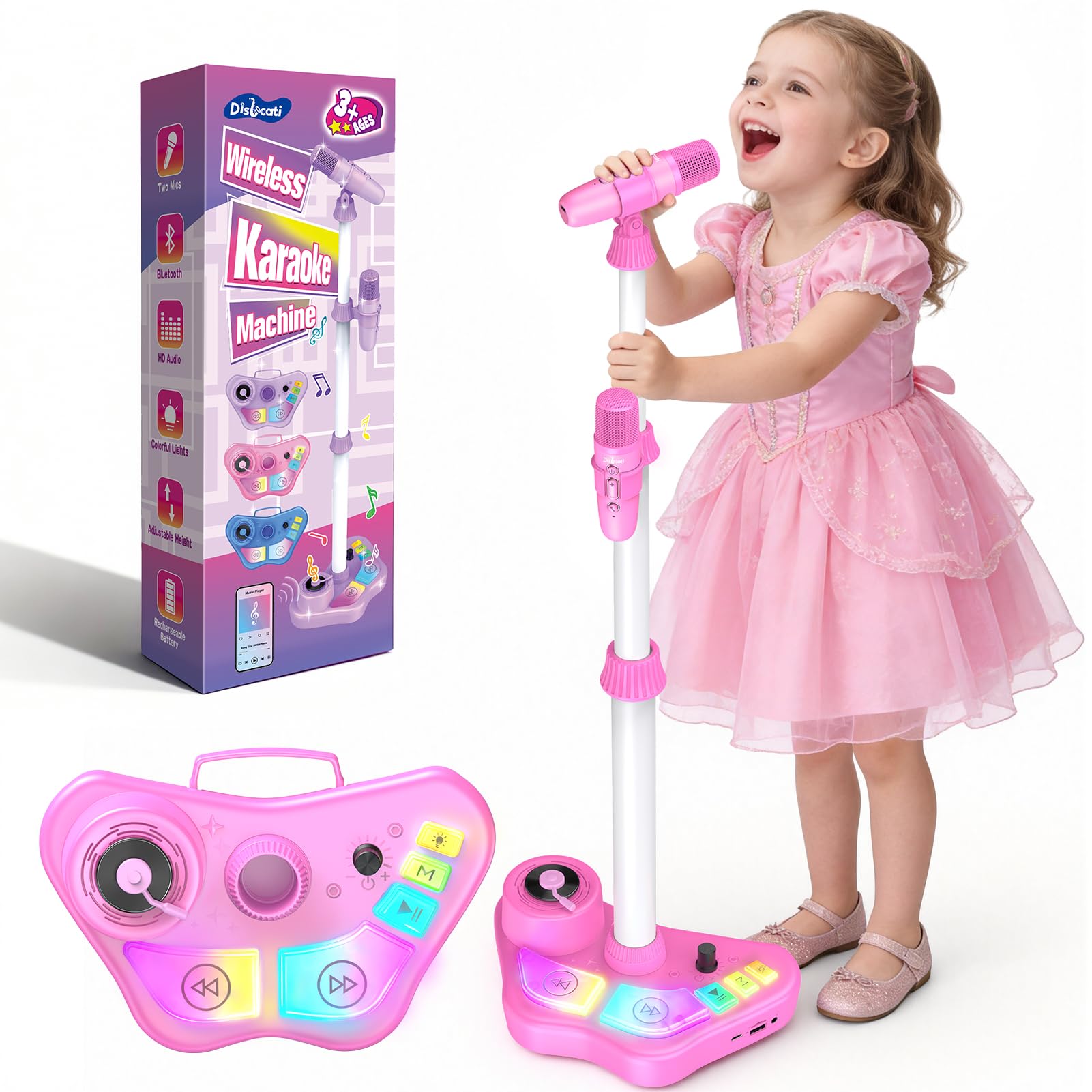 Dislocati LED Stand Karaoke Machine 2 Microphones, 3-12 Year Old Girl Gifts