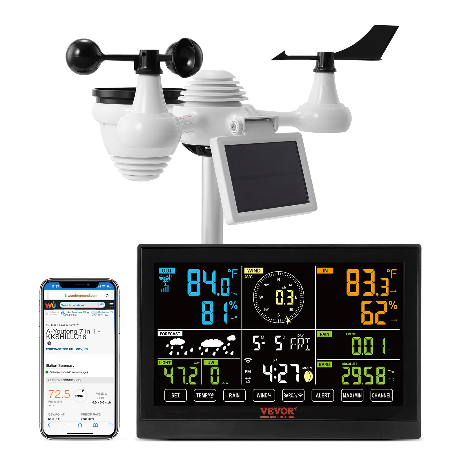 VEVOR 7-in-1 Wi-Fi Weather Station, 7.5 in Color Display, Home Weather Station I