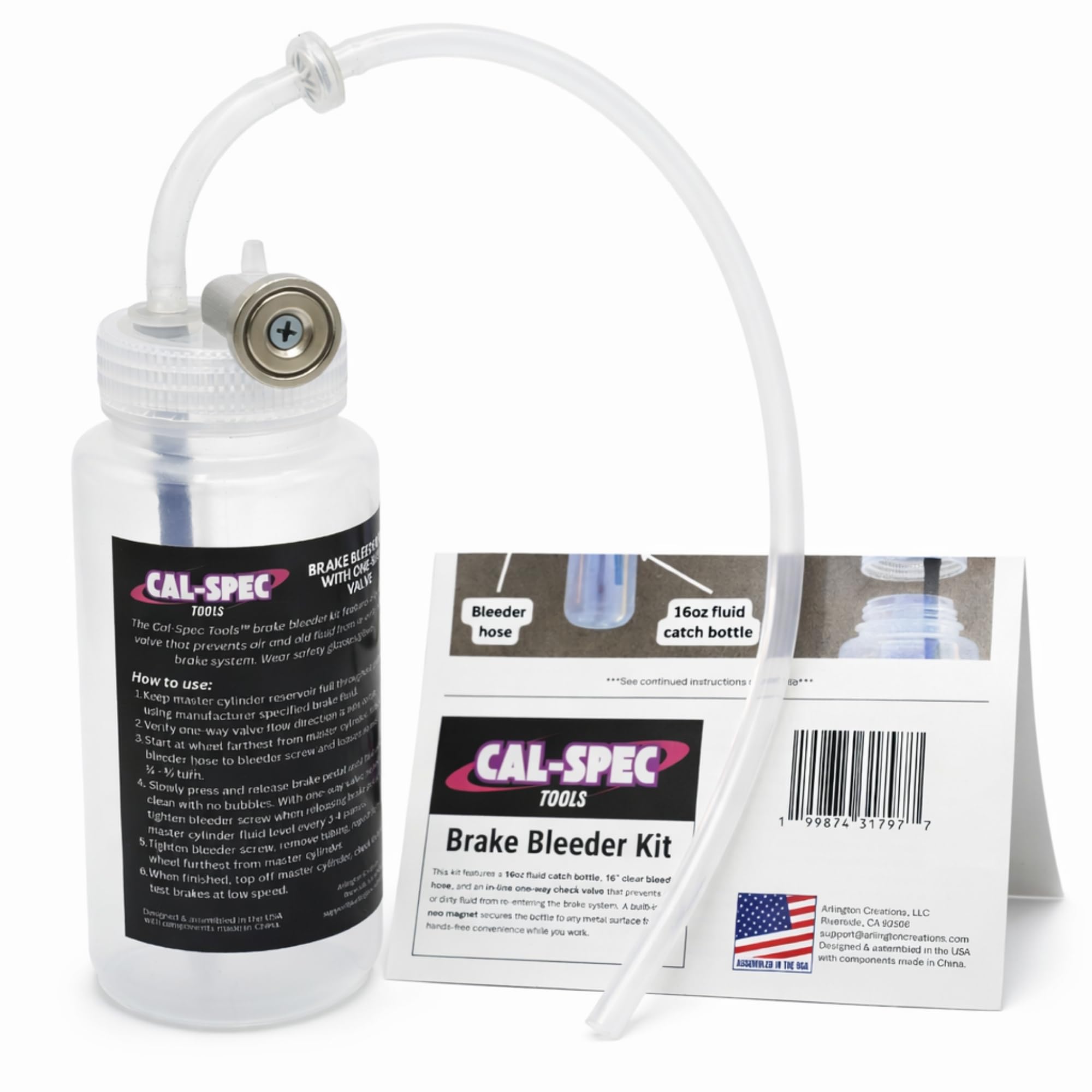 Cal-Spec Tools Brake Bleeder Kit - One-Way Check Valve, Magnet Mount, 16oz Catch