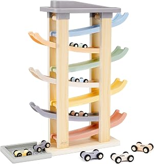 Joyreal Montessori Toddler Toys for 1 2 3 Year Old Wooden Car Ramp Toys | 7 Level Ramp Racer, 8 Mini Cars & 2 Garages, Toy Vehicle Set for Boys and Girls, Christmas Birthday Gifts for 1-2 Year Old