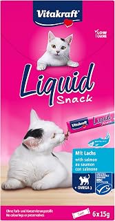 Vitakraft Liquid Snack, Creamy Cat Snack with Salmon and Omega 3 Fatty Acids, Individual Sachets, for Healthy Skin (1 Pack of 6 x 15g)