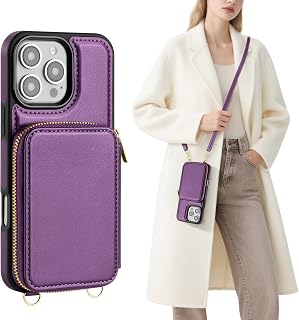 SkyEagle Custodia a portafoglio da donna compatibile con iPhone 16 Pro, con blocco RFID, custodia a tracolla in pelle PU con cerniera, cinturino da polso, porta carte di credito, per Apple 16 Pro