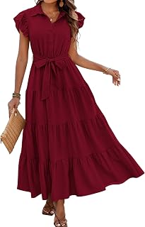 dowerme Women Ruffle Sleeve Button Belted Boho Maxi Dress