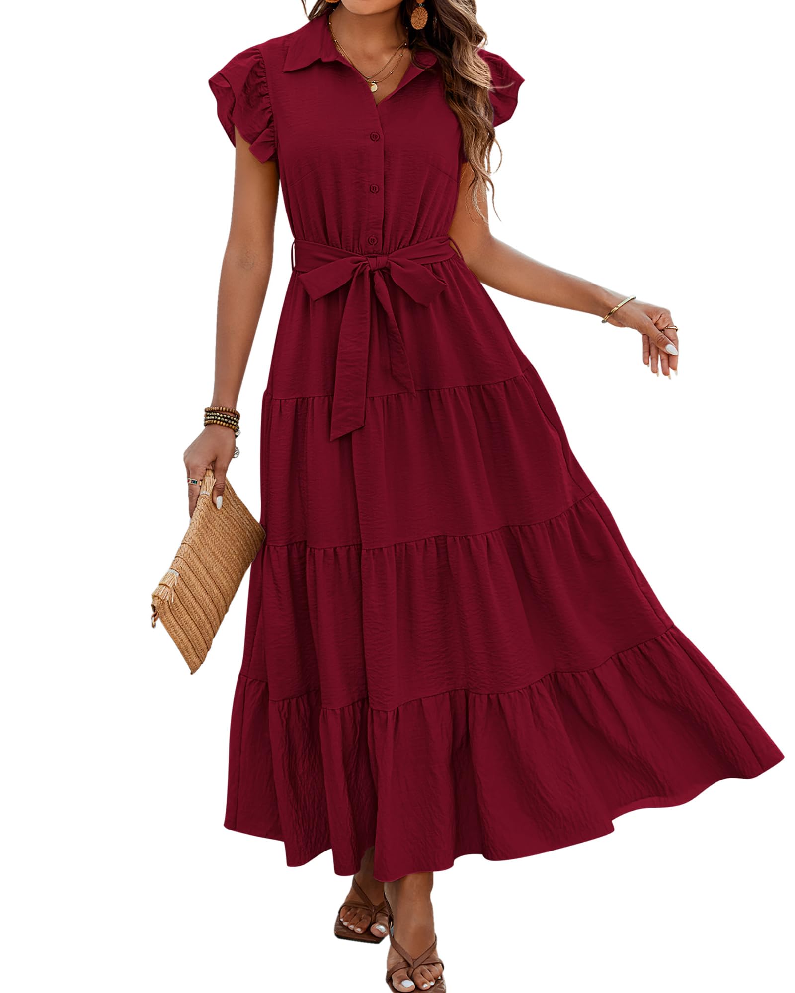 dowerme Women Ruffle Sleeve Button Belted Boho Maxi Dress