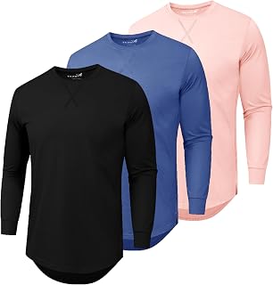 Mens 3 Pack Plain Cotton Shirts Short Sleeve Casual Crew Neck T-Shirts Hipster Hip Hop Longline Tees Drop Cut Curved Hem