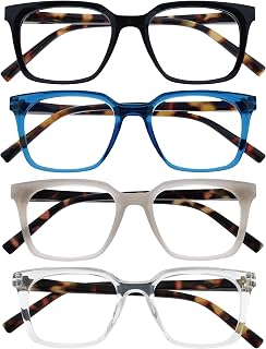 OPULIZE KOI Reading Glasses 4 Pack - Large Rectangular Frame - Black-Blue-Grey-Clear - Mens Womens- Spring Hinges - RRRR50-137C - +2.50