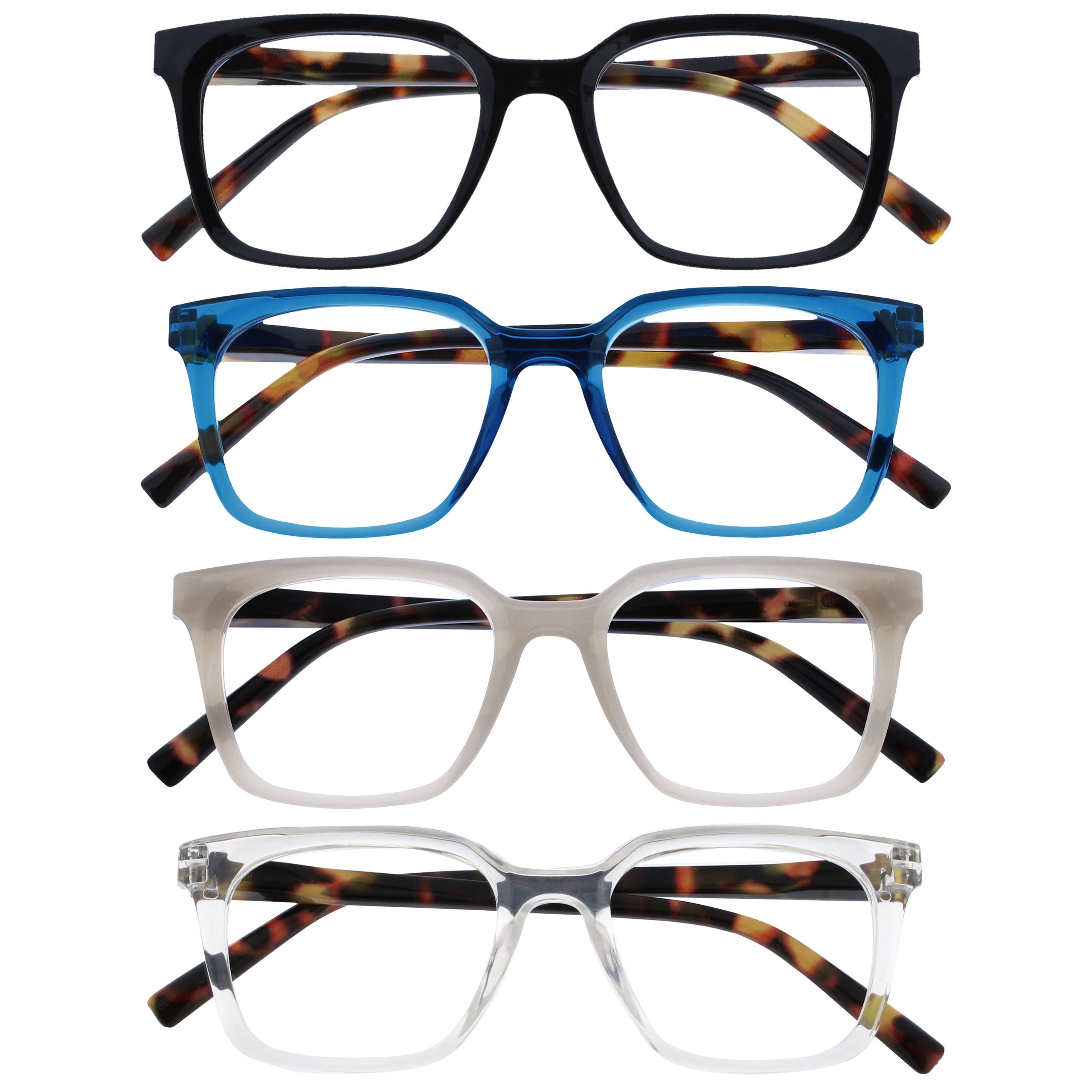 OPULIZE KOI Reading Glasses 4 Pack - Large Rectangular Frame - Black-Blue-Grey-C