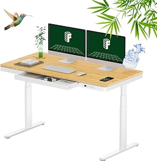 FLEXISPOT Q8W Adjustable Height Standing Desk with 140 x 70 cm Bamboo Desktop 2 Motors 3 Sections with Drawer, USB and Cable Management (White)