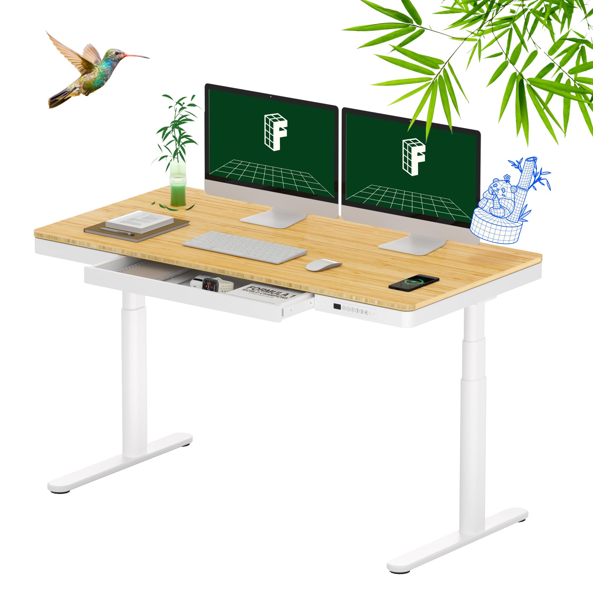 FLEXISPOT Q8W Adjustable Height Standing Desk with 140 x 70 cm Bamboo Desktop 2 