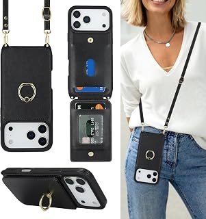 Lipvina Crossbody Wallet for iPhone 18 Pro / 17 Pro Case with Strap-Black | Cute Strap Crossbody Lanyard,2 Card Holder,RFID Blocking,360°Ring Kickstand.Lightweight PU Leather for Women
